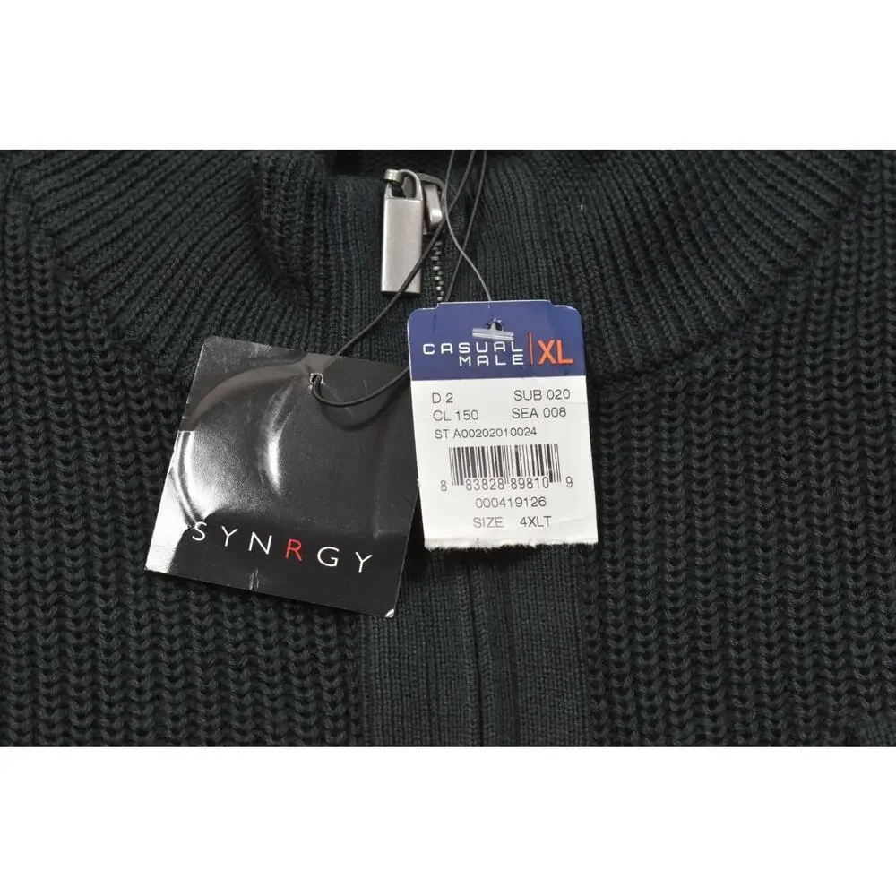 SYNRGY Men 4XLT Black Full Zip Mock Neck Sweater 100% Cotton Military Style NEW